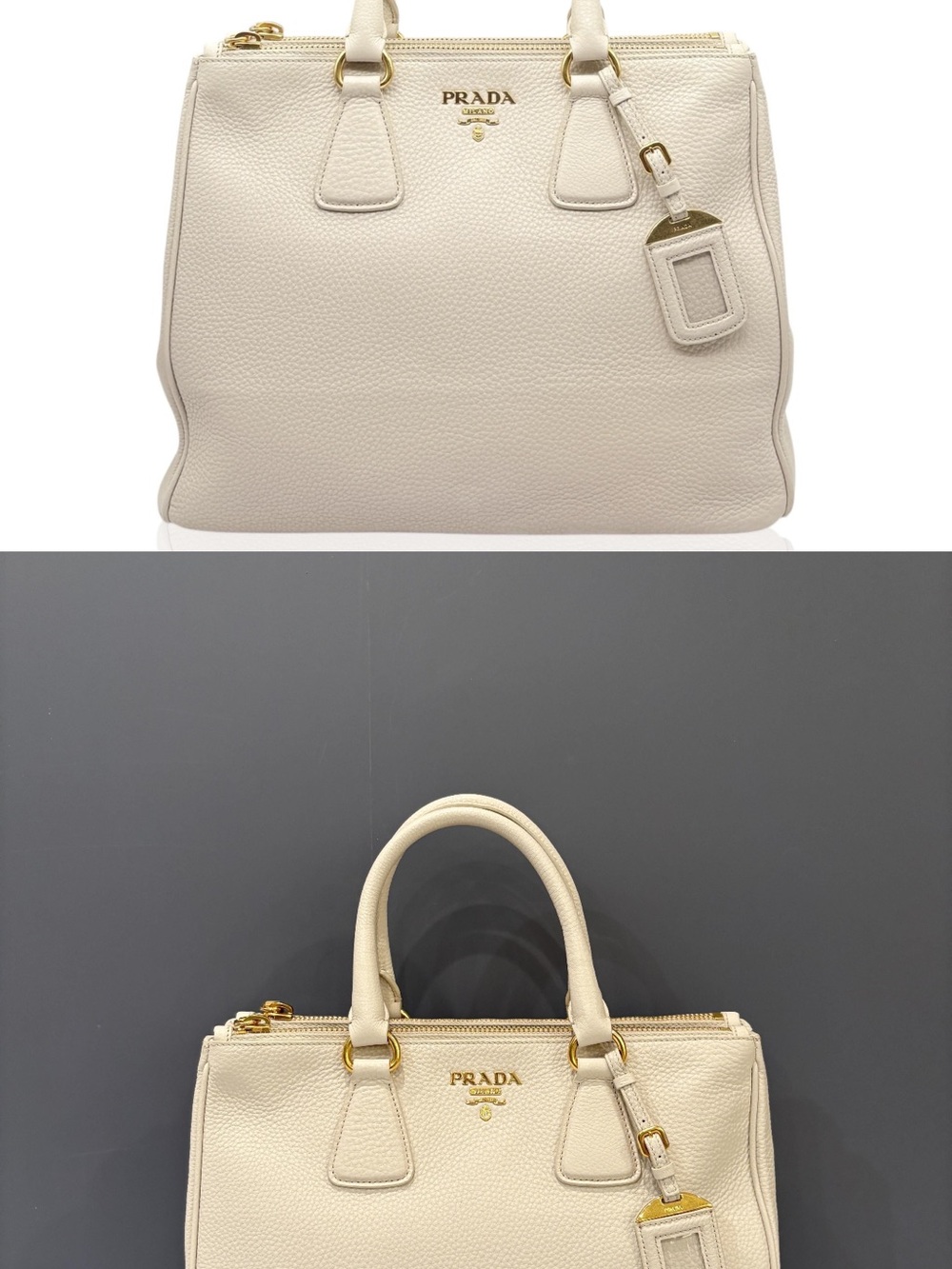 Prada Cream Pebbled Leather Satchel with Gold Hardware